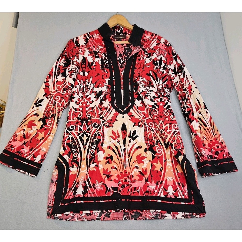Red Floral Stretch High Neck Boho Hippie Tunic Dana Buchman Womens Top Size M